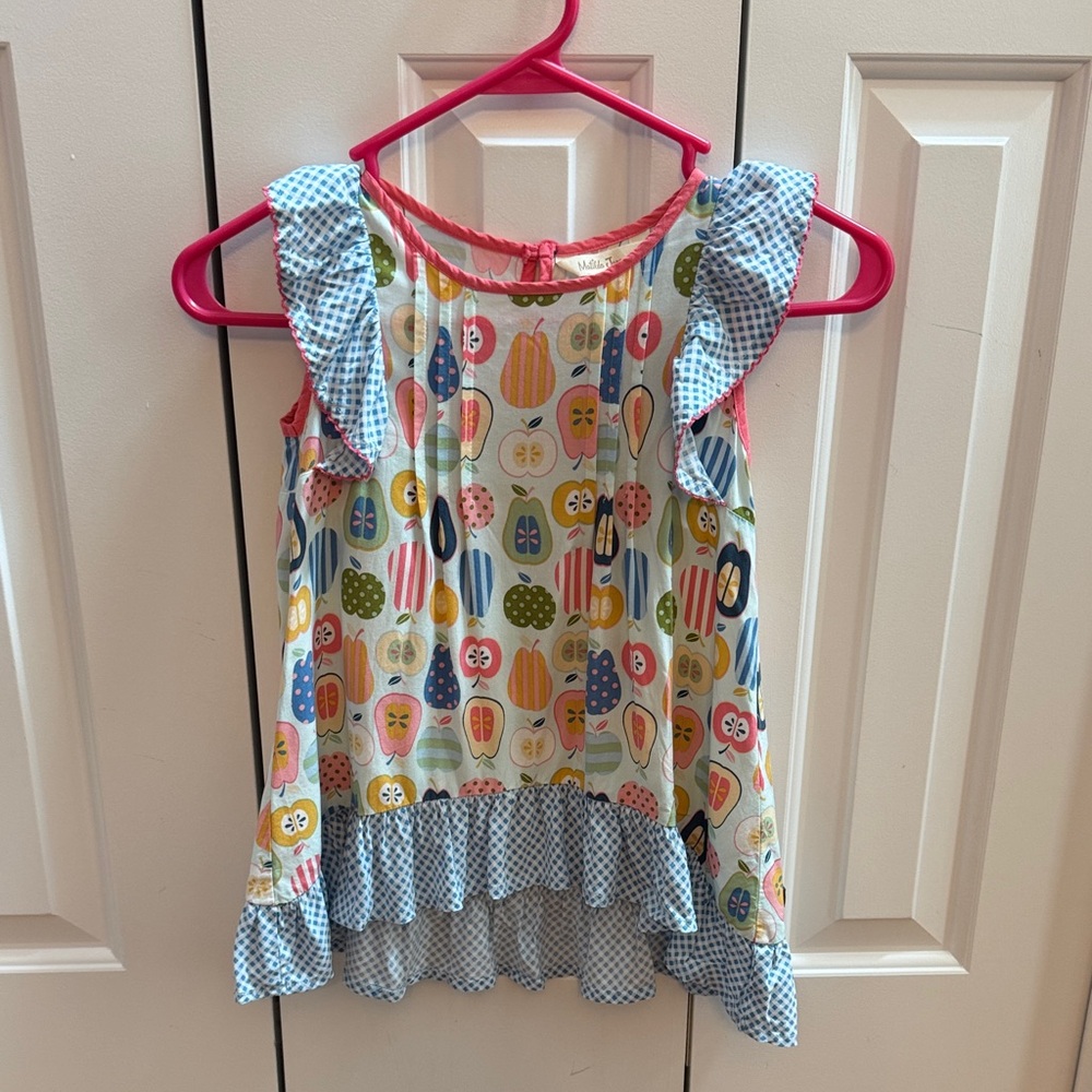 Matilda Jane Fruit Patterned Kids Top with Blue Accents Excellent Condition